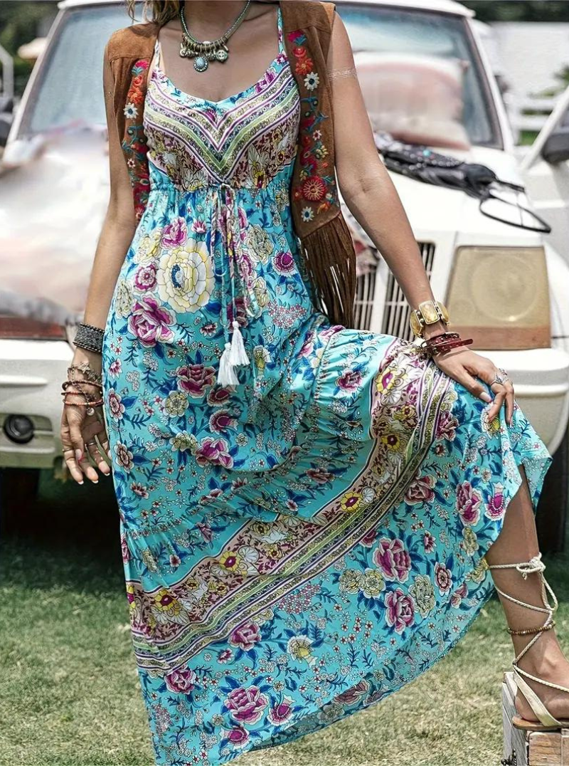Damen-Maxikleid, Ärmelloser Boho, Blumenmuste Leichte Baumwolle, Sommer-2