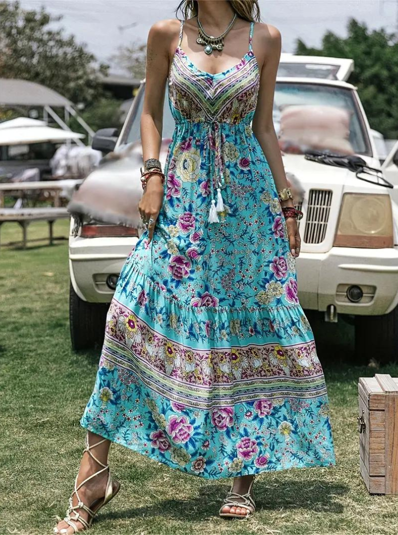 Damen-Maxikleid, Ärmelloser Boho, Blumenmuste Leichte Baumwolle, Sommer-4