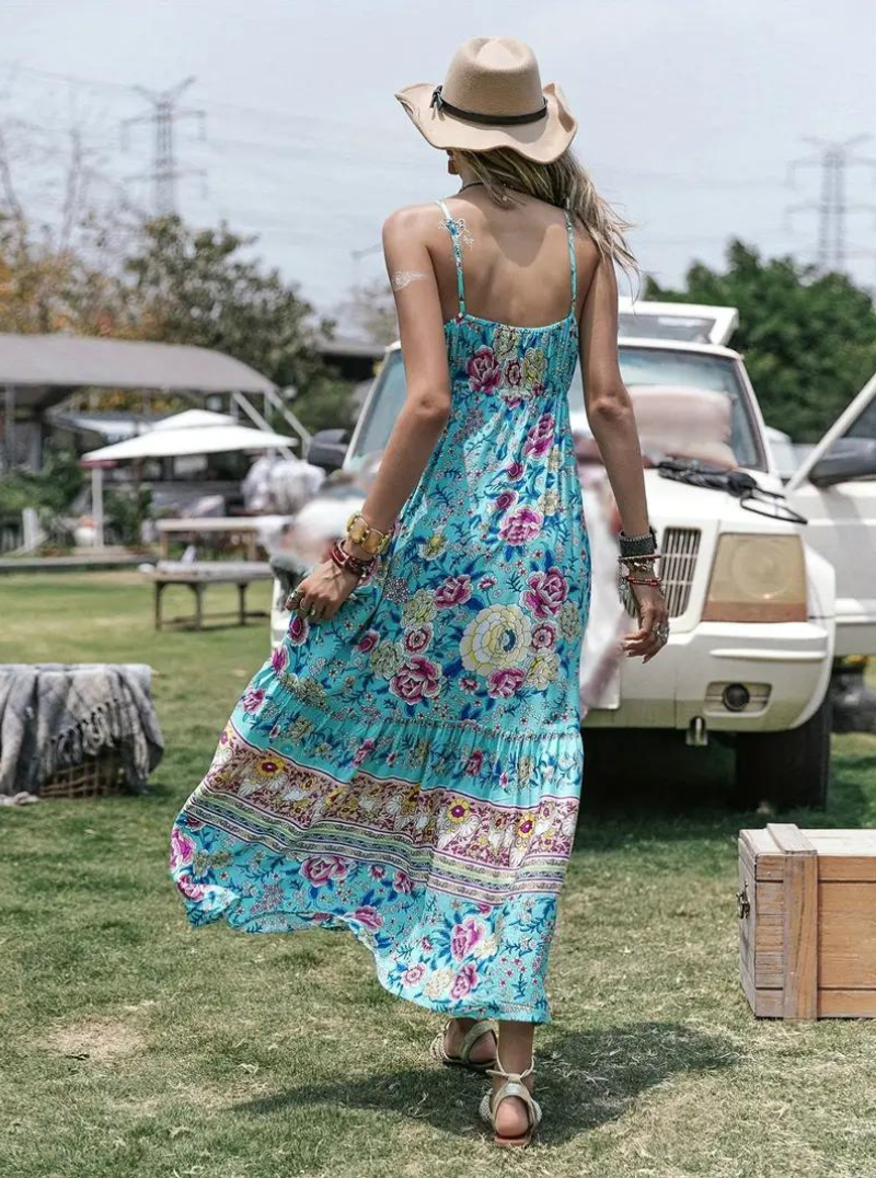 Damen-Maxikleid, Ärmelloser Boho, Blumenmuste Leichte Baumwolle, Sommer-5