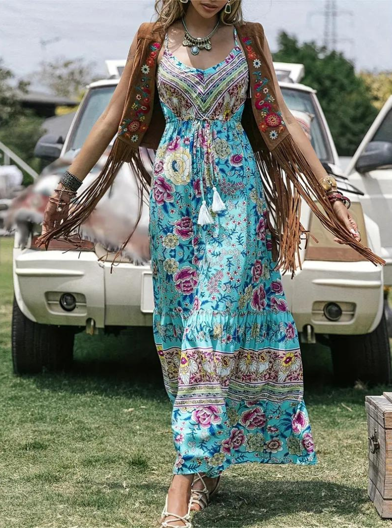 Damen-Maxikleid, Ärmelloser Boho, Blumenmuste Leichte Baumwolle, Sommer-1