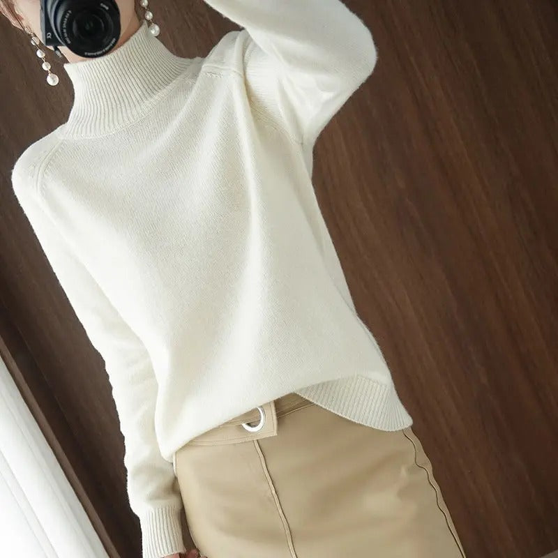 Damen-Strickpullover, hoher Kragen, Farbblock, weich und warm 1