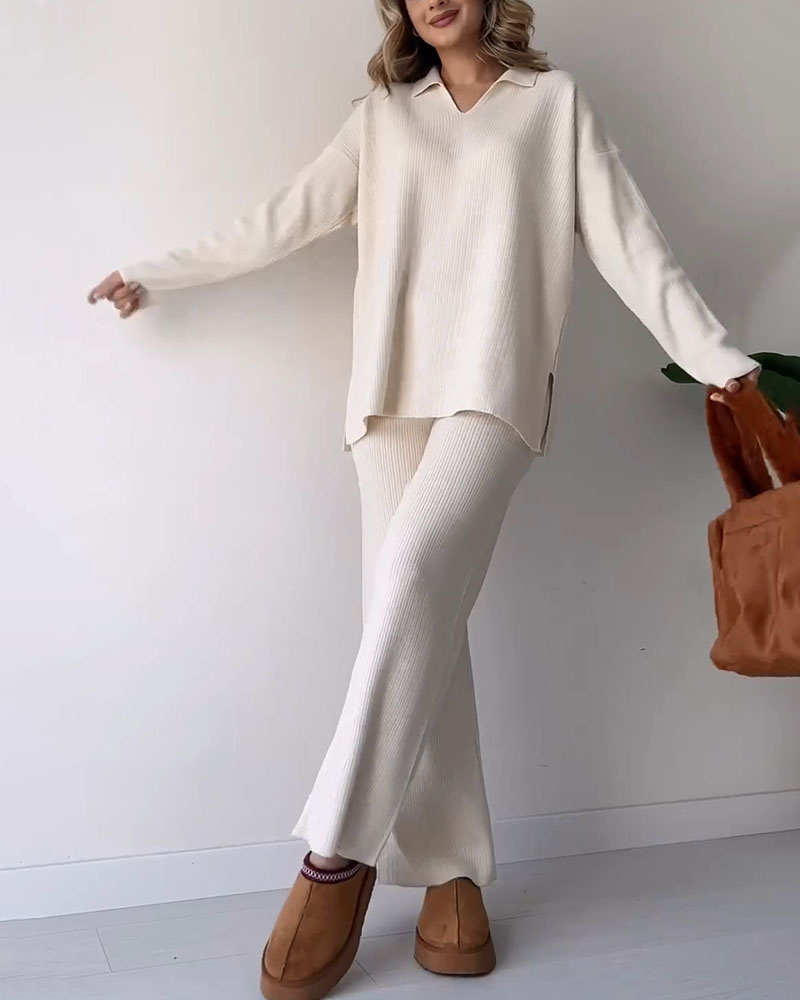 Damen-Loungewear-Set, Oversized, Pullover und Weite Hose, Hochwertiger Strickmaterial-2