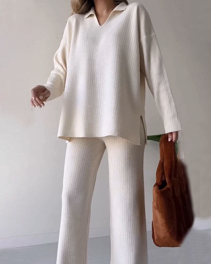 Damen-Loungewear-Set, Oversized, Pullover und Weite Hose, Hochwertiger Strickmaterial-3