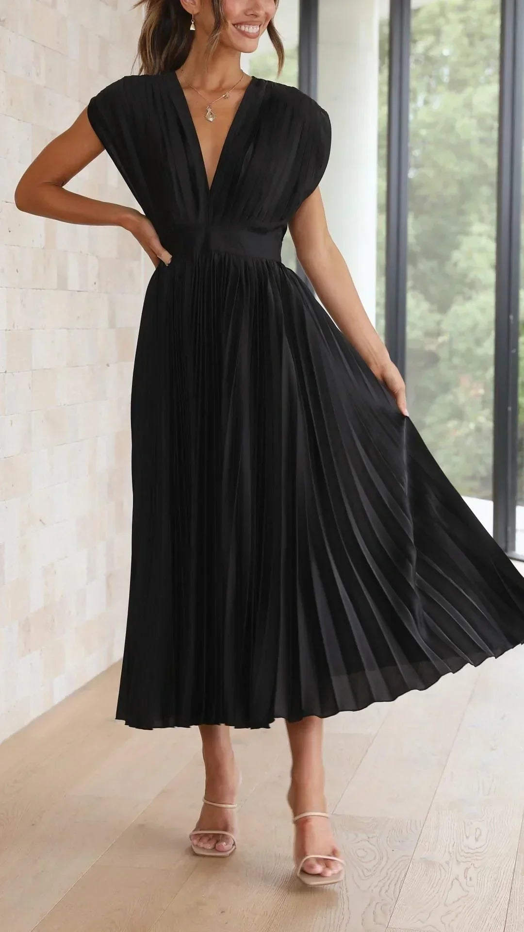 Damen-Midikleid, V-Ausschnitt, Rückenbindung, leichter Stoff-4