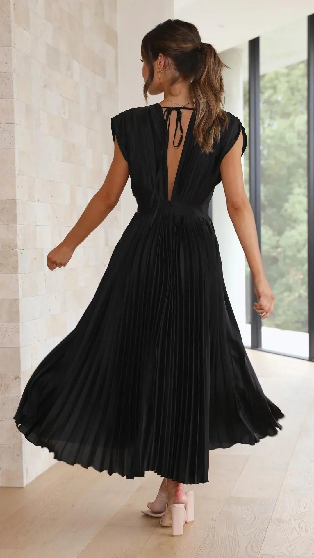 Damen-Midikleid, V-Ausschnitt, Rückenbindung, leichter Stoff-5