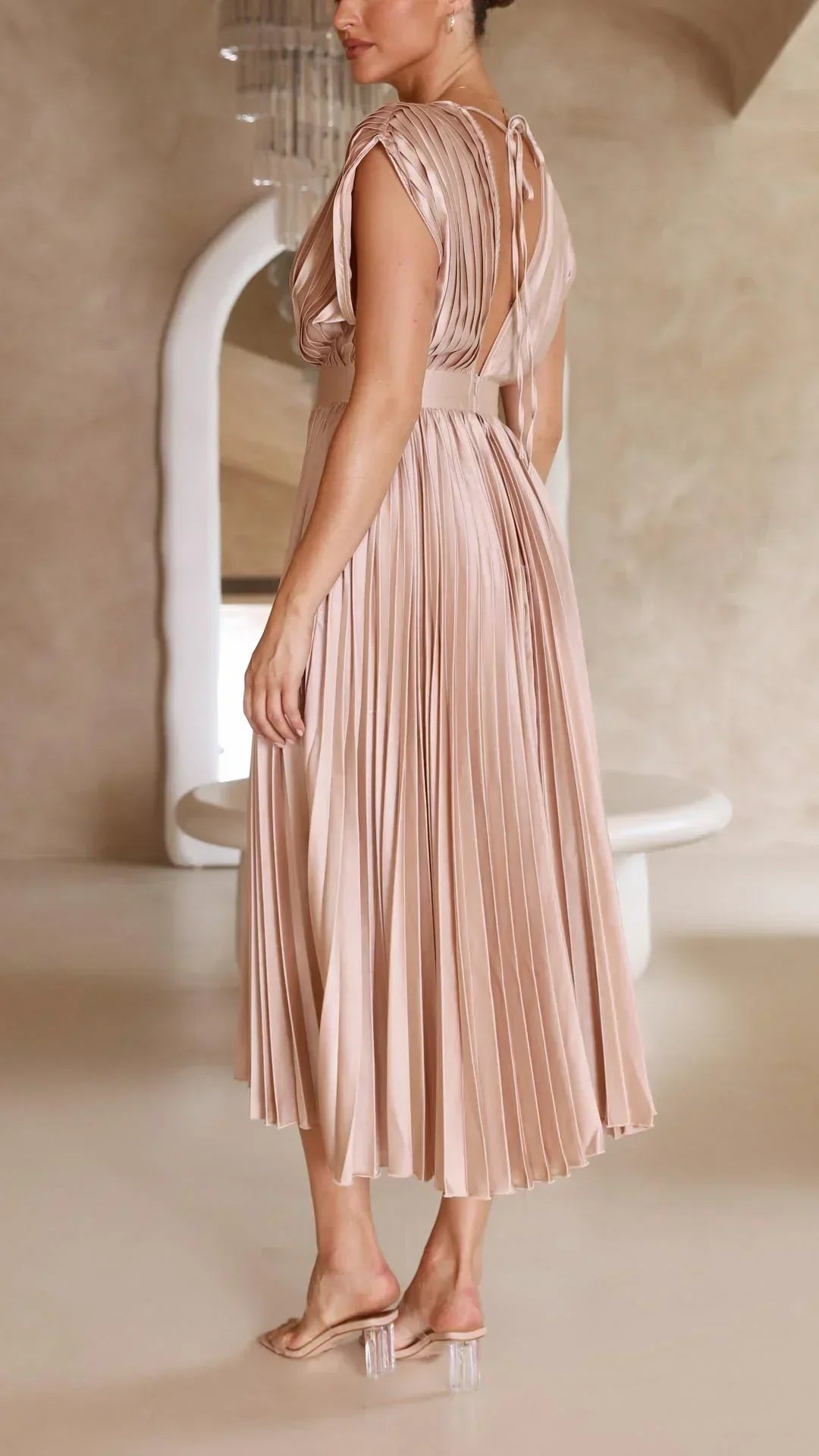 Damen-Midikleid, V-Ausschnitt, Rückenbindung, leichter Stoff-6