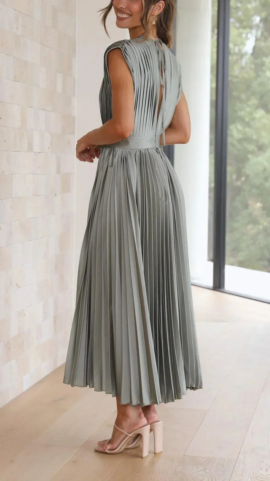Damen-Midikleid, V-Ausschnitt, Rückenbindung, leichter Stoff-3