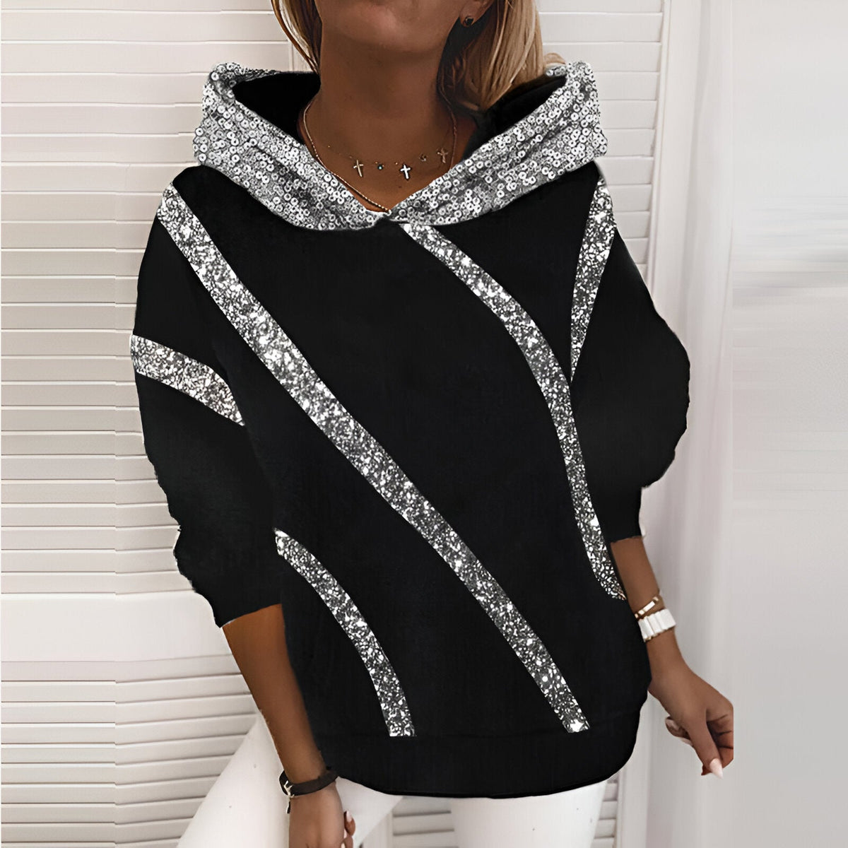 Damen-Oversize-Hoodie, Paillettendruck, Baumwolle-1
