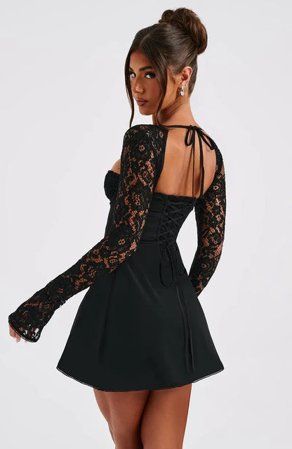 Damen-Minikleid, Satin, mit Spitzendetails, lange Ärmel, elegant 2