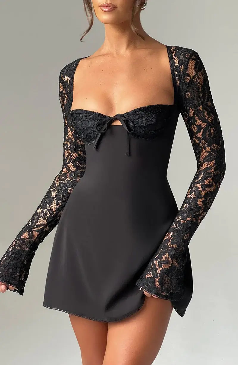 Damen-Minikleid, Satin, mit Spitzendetails, lange Ärmel, elegant 5