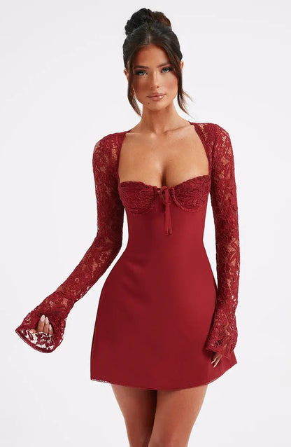 Damen-Minikleid, Satin, mit Spitzendetails, lange Ärmel, elegant 9