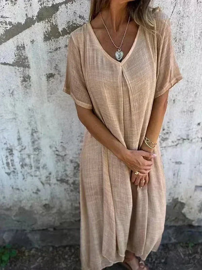 Damen-Midikleid, V-Ausschnitt, Baumwolle und Leinen, elegant-5