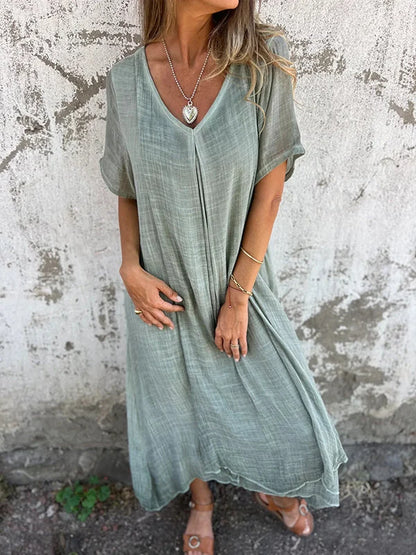 Damen-Midikleid, V-Ausschnitt, Baumwolle und Leinen, elegant-6