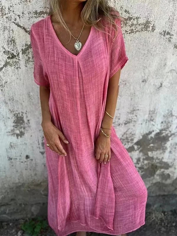 Damen-Midikleid, V-Ausschnitt, Baumwolle und Leinen, elegant-1