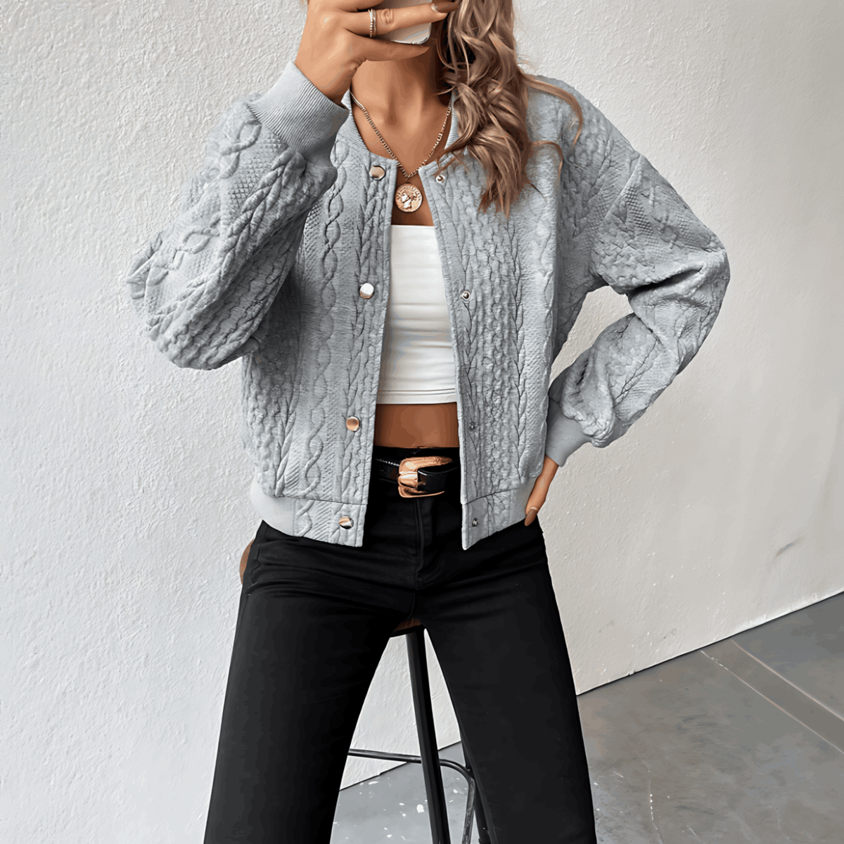 Damen-Lange Strickjacke, Weiche Gestrickte Bomberjacke-5