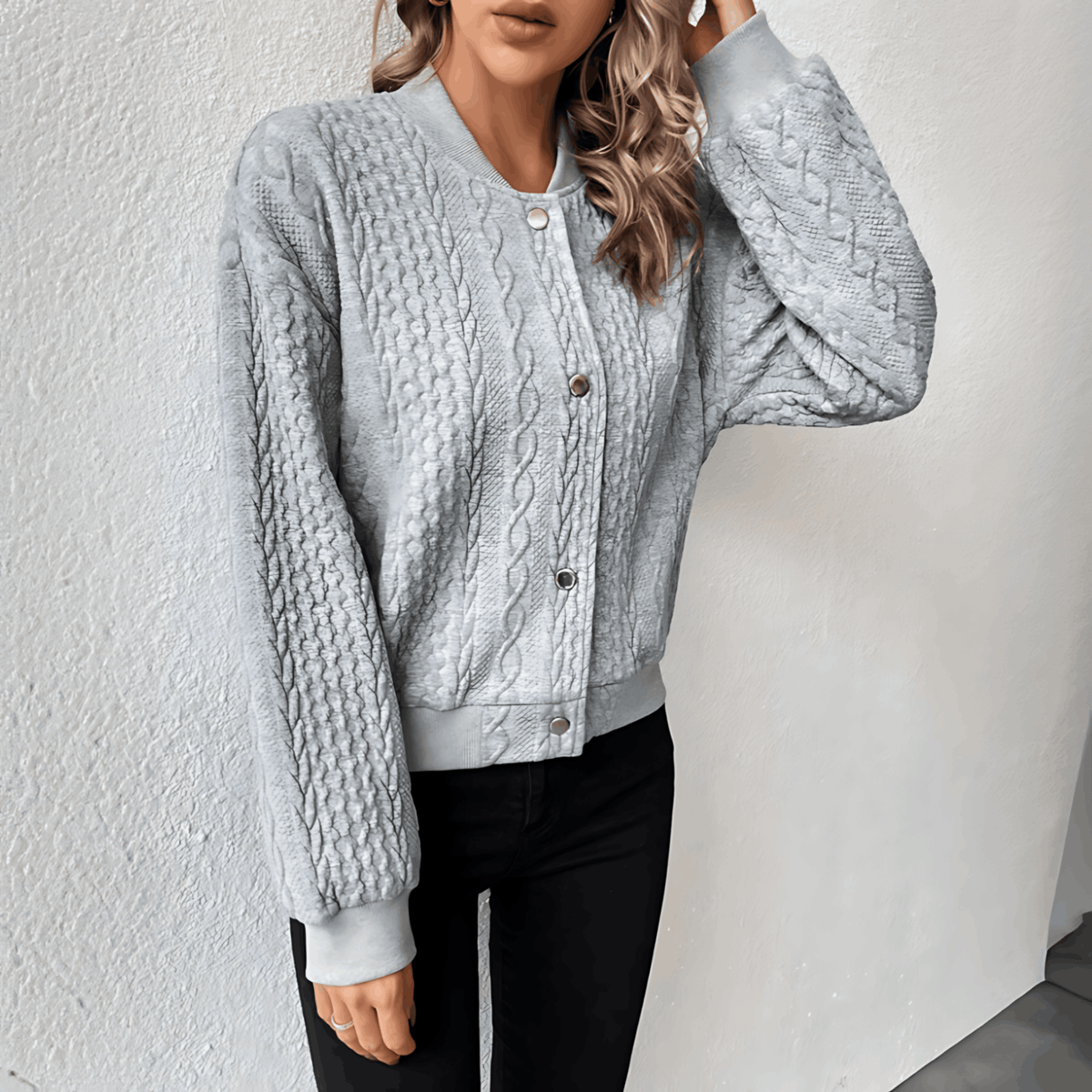 Damen-Lange Strickjacke, Weiche Gestrickte Bomberjacke-4