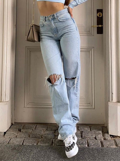 High-Waist-Ripped-Jeans für Damen, Baggy mit weitem Bein, 100 % Baumwolle – trendiger und lässiger Stil 1