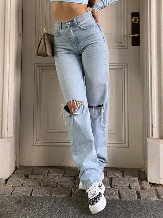 High-Waist-Ripped-Jeans für Damen, Baggy mit weitem Bein, 100 % Baumwolle – trendiger und lässiger Stil 1