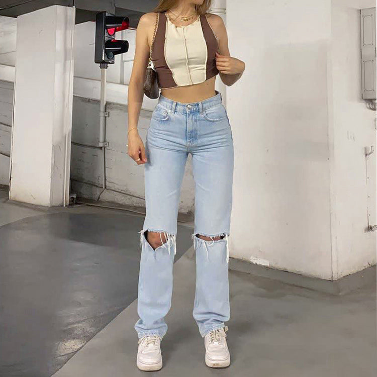 High-Waist-Ripped-Jeans für Damen, Baggy mit weitem Bein, 100 % Baumwolle – trendiger und lässiger Stil 6