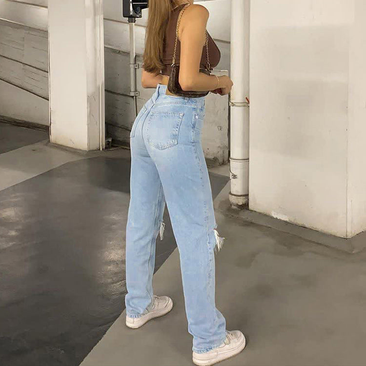 High-Waist-Ripped-Jeans für Damen, Baggy mit weitem Bein, 100 % Baumwolle – trendiger und lässiger Stil 3