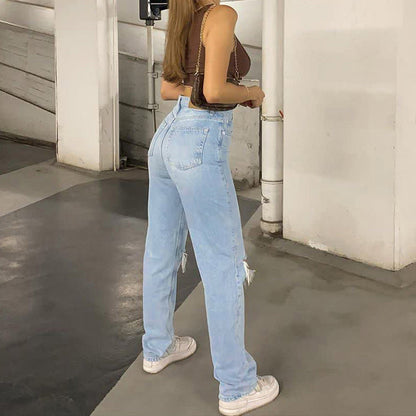 High-Waist-Ripped-Jeans für Damen, Baggy mit weitem Bein, 100 % Baumwolle – trendiger und lässiger Stil 3