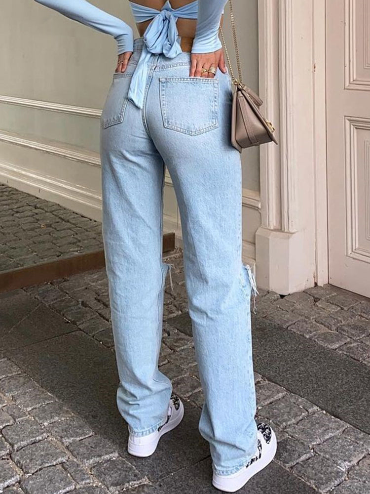 High-Waist-Ripped-Jeans für Damen, Baggy mit weitem Bein, 100 % Baumwolle – trendiger und lässiger Stil 2