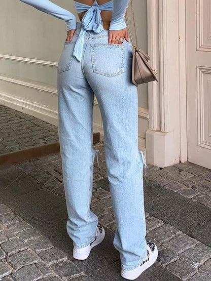 High-Waist-Ripped-Jeans für Damen, Baggy mit weitem Bein, 100 % Baumwolle – trendiger und lässiger Stil 2