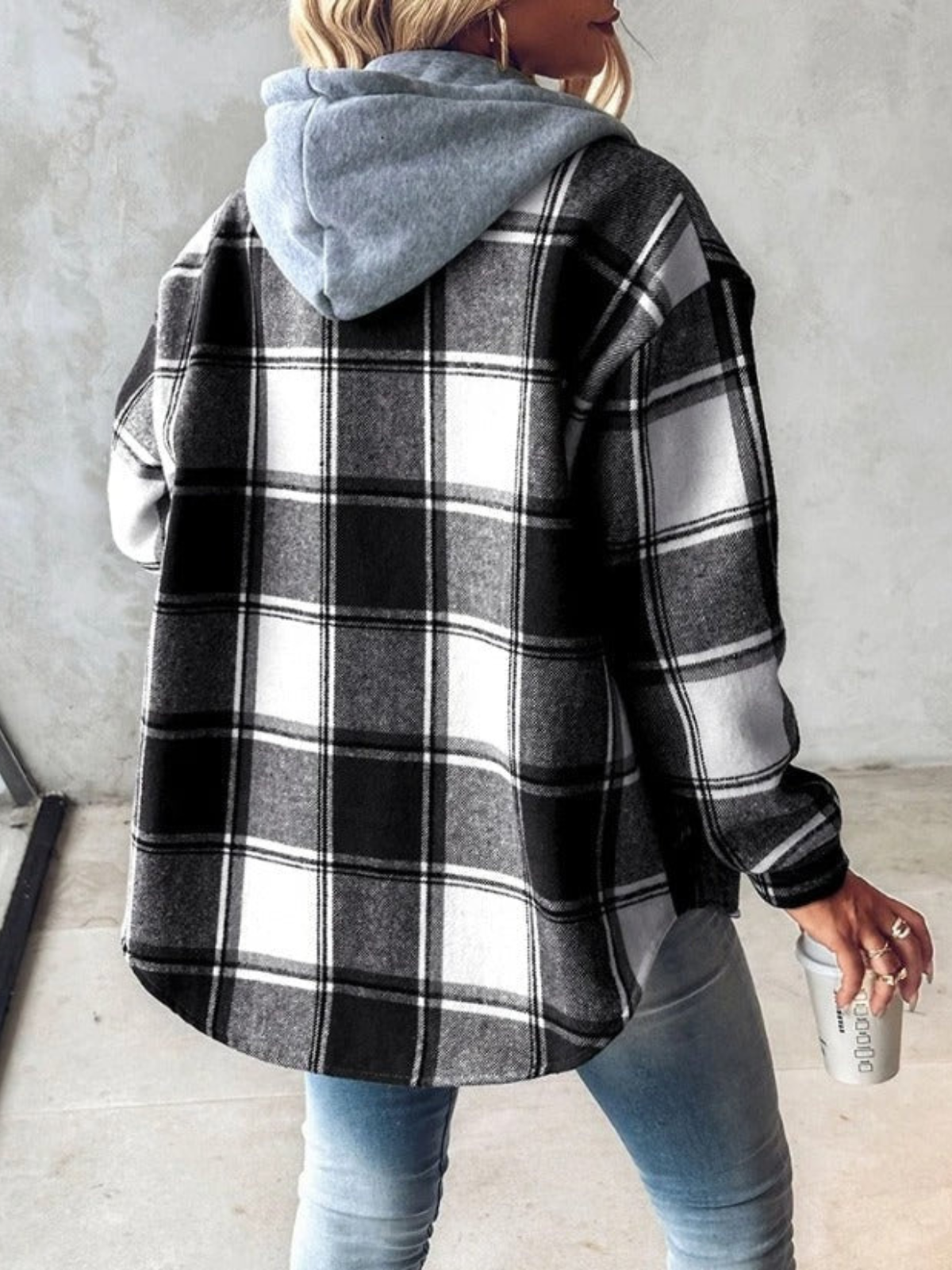 Damen-Hoodie Kariert Weiche Baumwolle-3