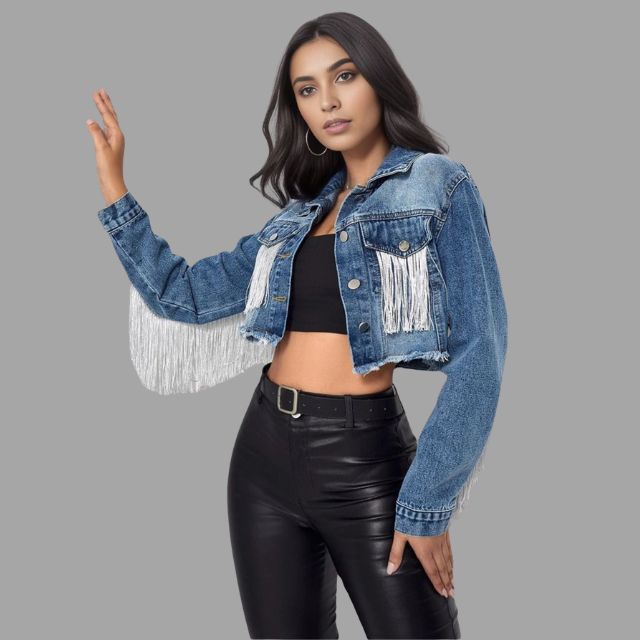 Damen-Jeansjacke, kurz, Fransendetail, Denim-4