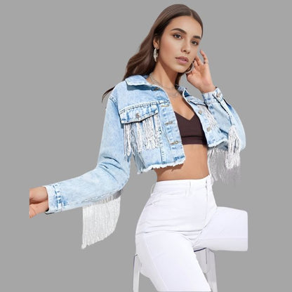 Damen-Jeansjacke, kurz, Fransendetail, Denim-2