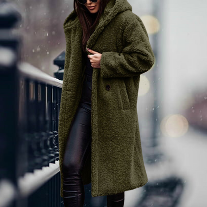 Langer Winterparka Damen Fleece mit Kapuze und Flauschiges Design-3
