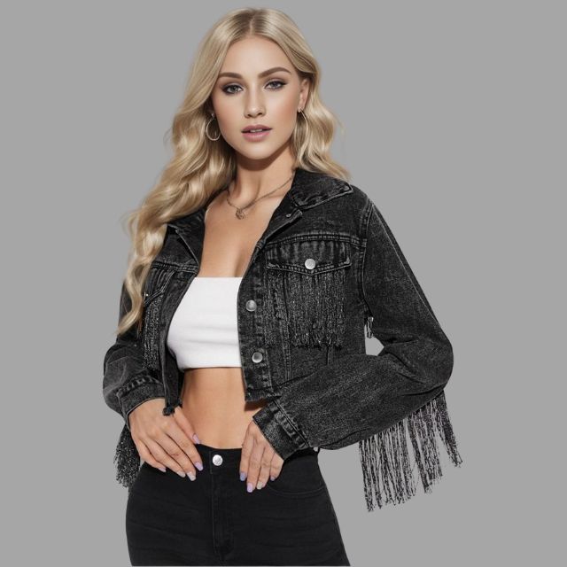 Variant image for Damen-Jeansjacke, kurz, Fransendetail, Denim-9