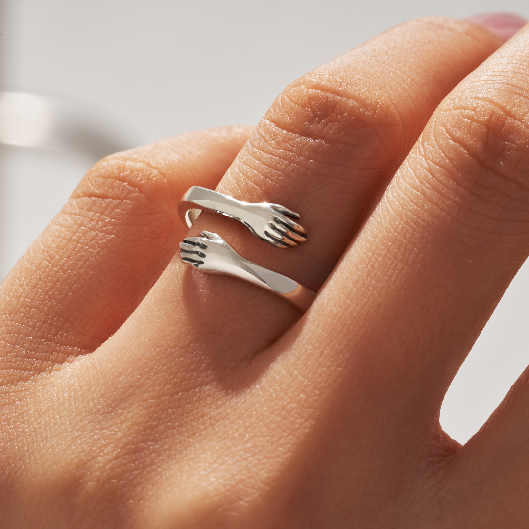 Ring, verstellbar, aus Silber, mit Umarmung, Symbol-2