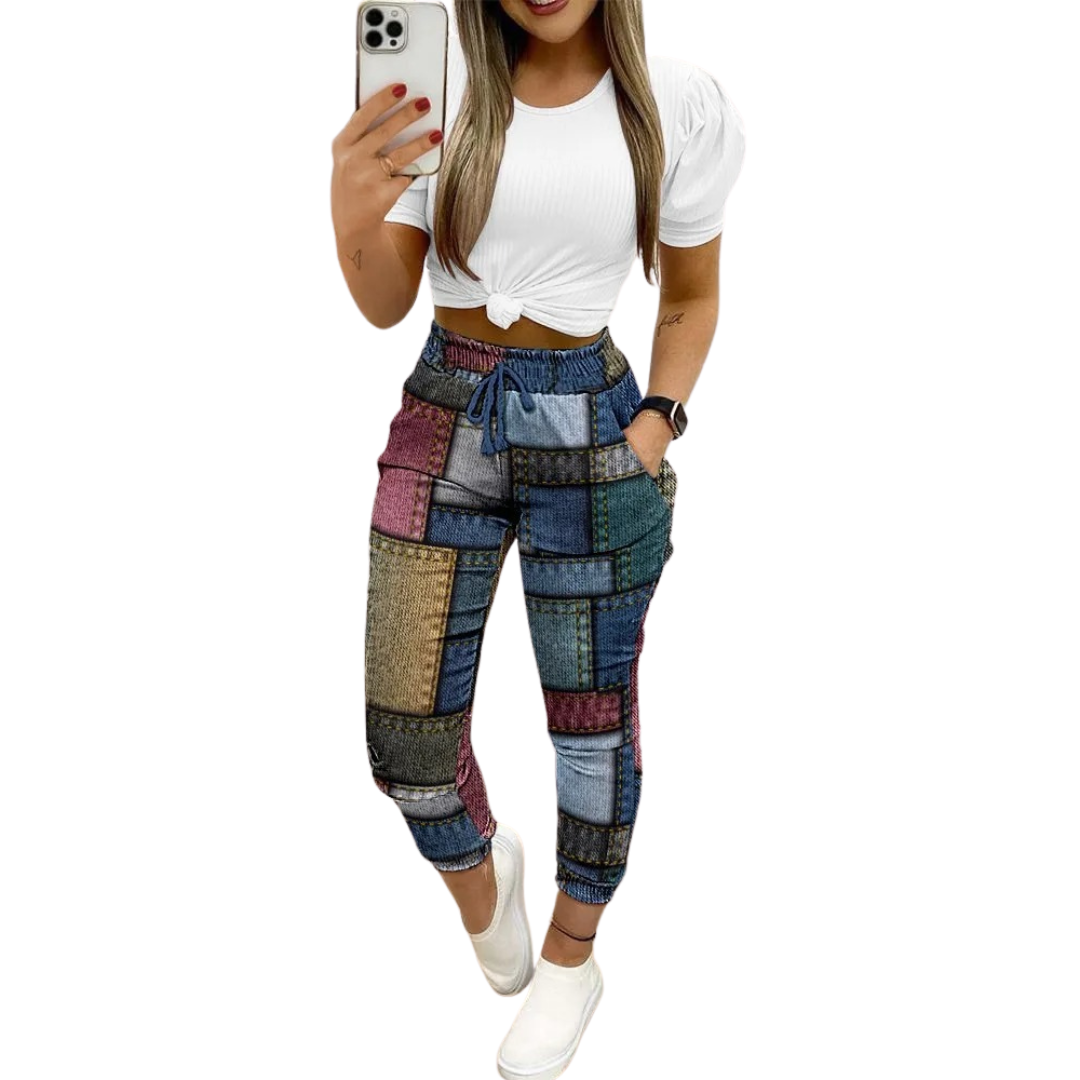 Damen-Outfit-Set, schick, locker, runder Ausschnitt, synthetische Fasern-5