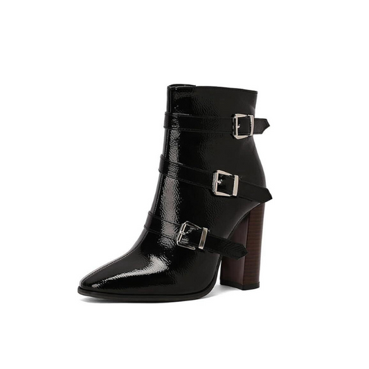Damen-Stiefeletten mit Blockabsatz aus Leder mit Schnallen-1