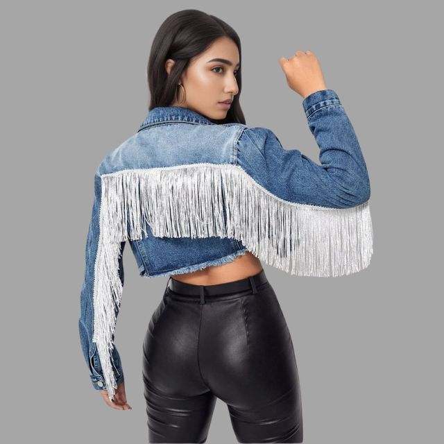 Damen-Jeansjacke, kurz, Fransendetail, Denim-5