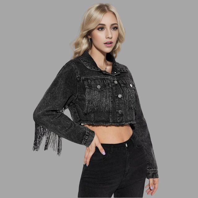 Damen-Jeansjacke, kurz, Fransendetail, Denim-6