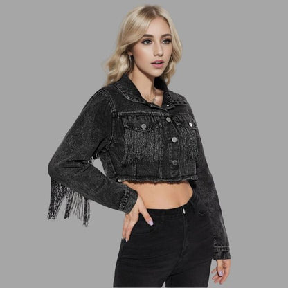 Damen-Jeansjacke, kurz, Fransendetail, Denim-6