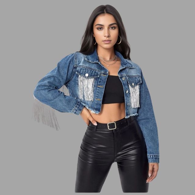 Variant image for Damen-Jeansjacke, kurz, Fransendetail, Denim-5