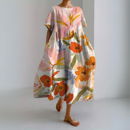 Damen-Freizeitkleid, Retro, Blumenmuster, atmungsaktiver Stoff-1