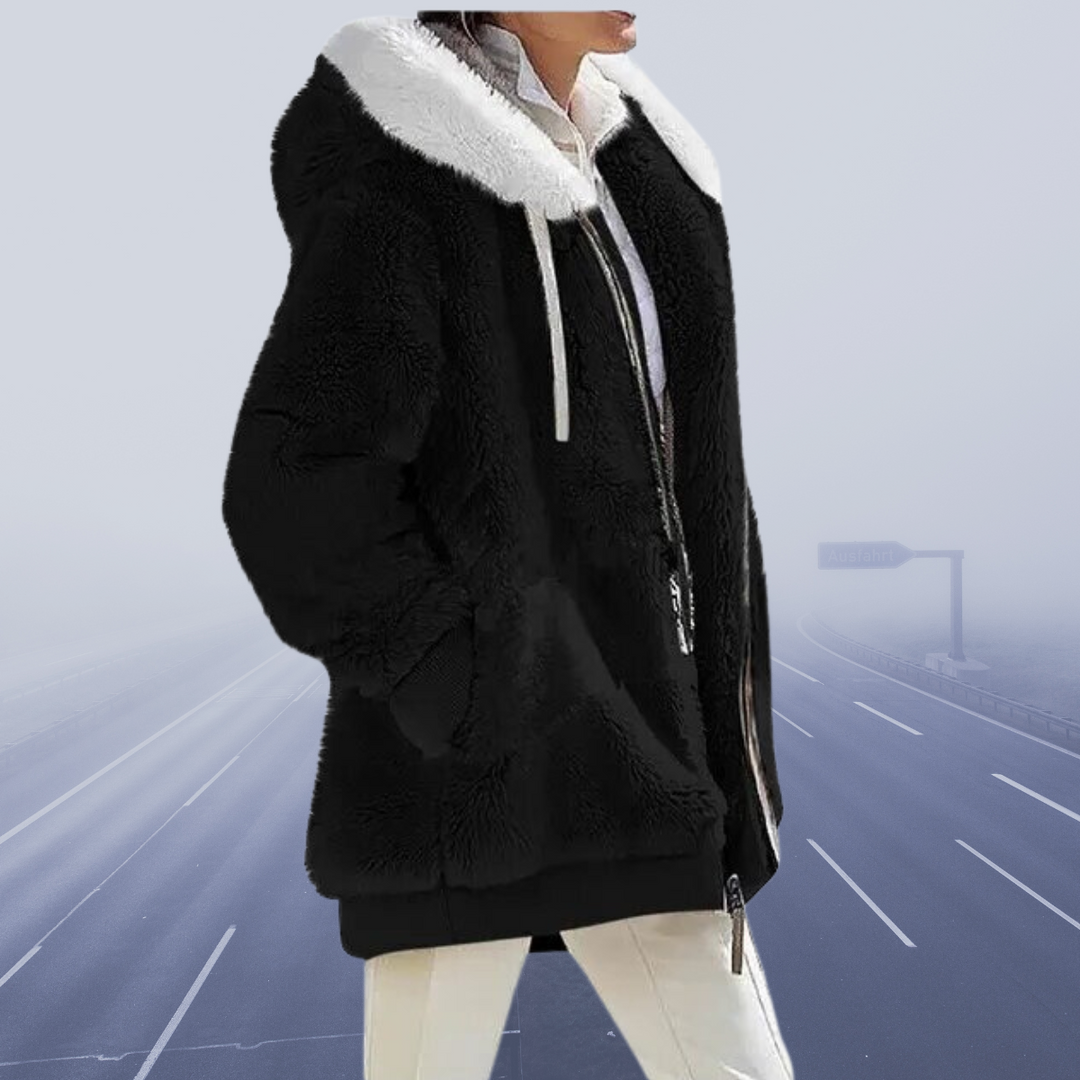 Damen-Winterjacke Elegant Fleece Lang mit Kapuze aus Wolle-2
