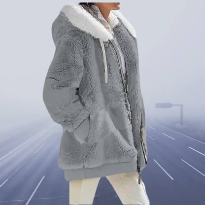Damen-Winterjacke Elegant Fleece Lang mit Kapuze aus Wolle-4
