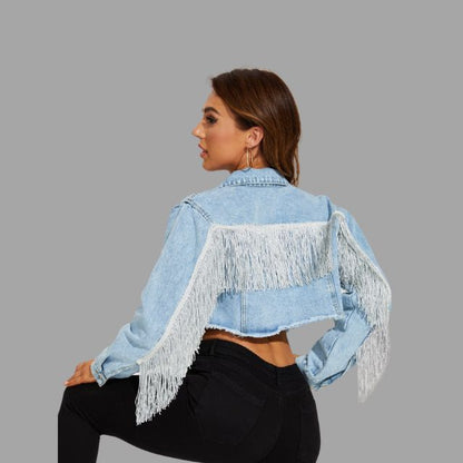 Damen-Jeansjacke, kurz, Fransendetail, Denim-3