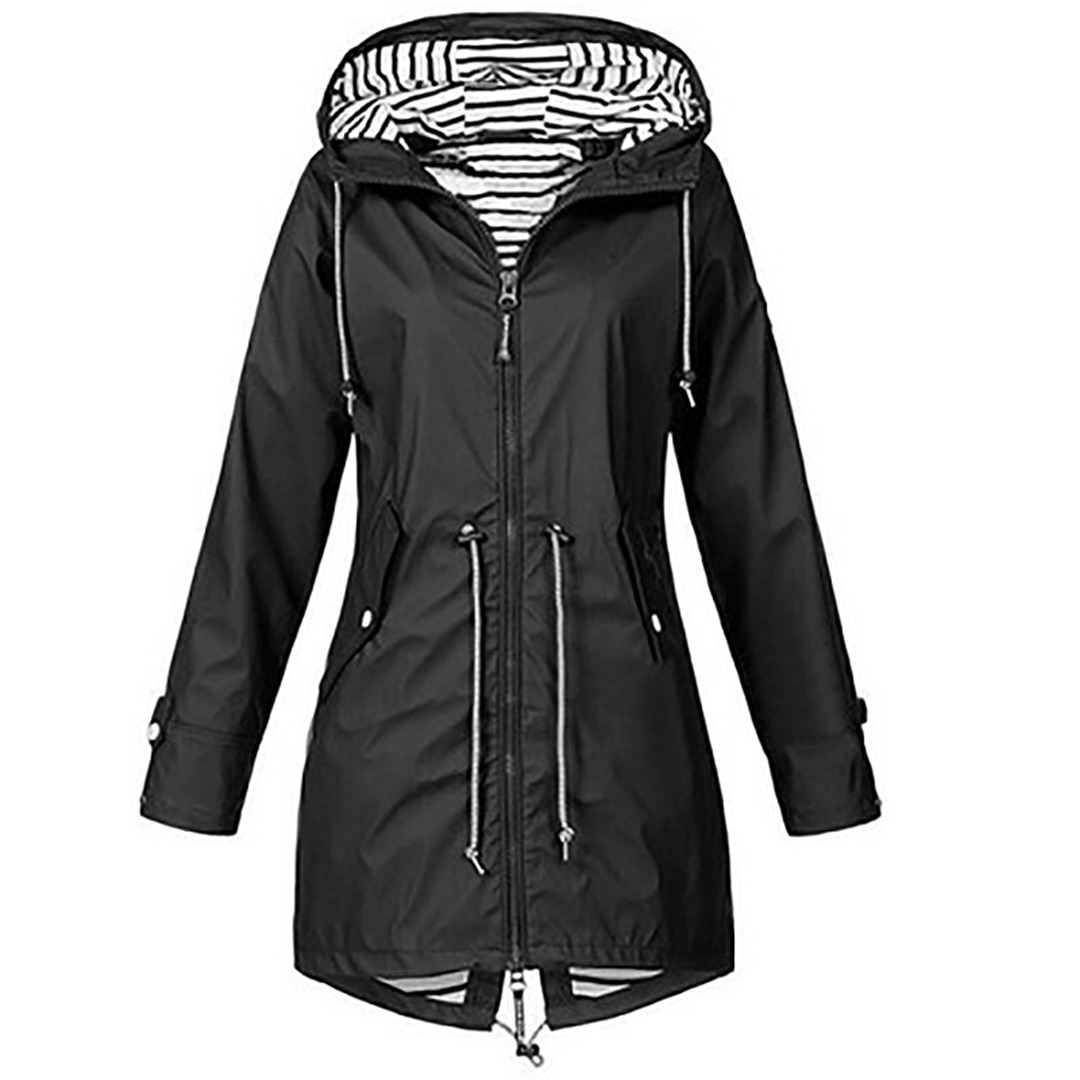 Wasserdichte Damenjacke in elegantem Design – Atmungsaktives Polyester, lang und schick, Schwarz, Damenjacken, mehrere Taschen 12