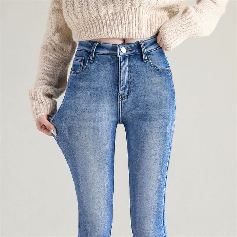 Hochtaillierte Jeans für Frauen mit warmem Plüschfutter – Slim-Fit-Denim mit praktischen Taschen 2
