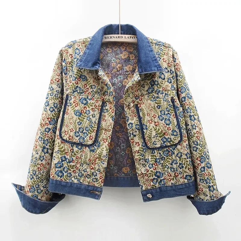 Damen-Jeansjacke mit Jacquard-Stickerei aus 100% Baumwolle-1
