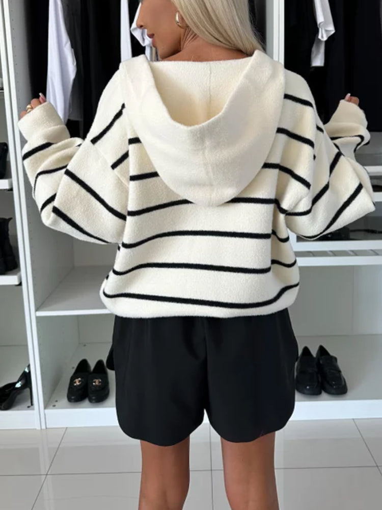 Damenjacke V-Ausschnitt Gestreift Polyester Lose Kapuze Lässige Jacken Damen-6