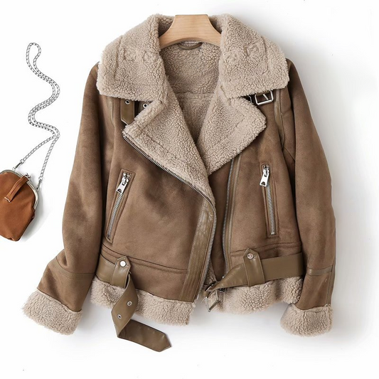 Damen-Lederjacke mit Sherpa-Fleece, halblang, gebürstetes Leder 1