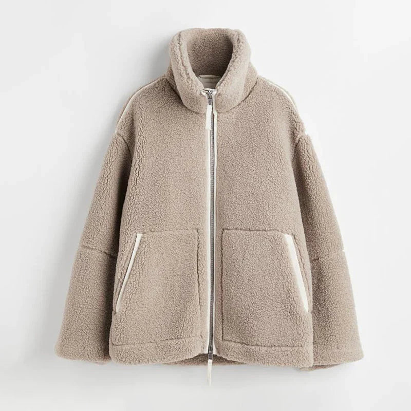 Damen-Jacke, lässige Lammwolle, übergroß-3