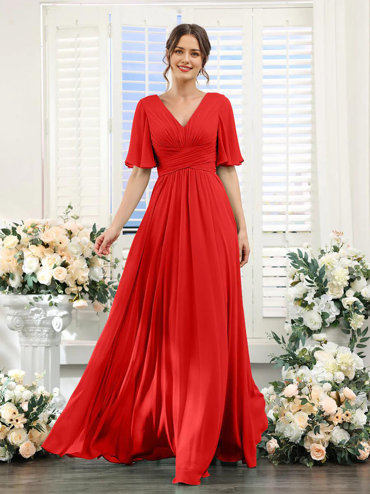 Elegantes Chiffonkleid mit V-Ausschnitt und hohem Schlitz – Perfekt für Hochzeiten und festliche Anlässe, normale Passform 24